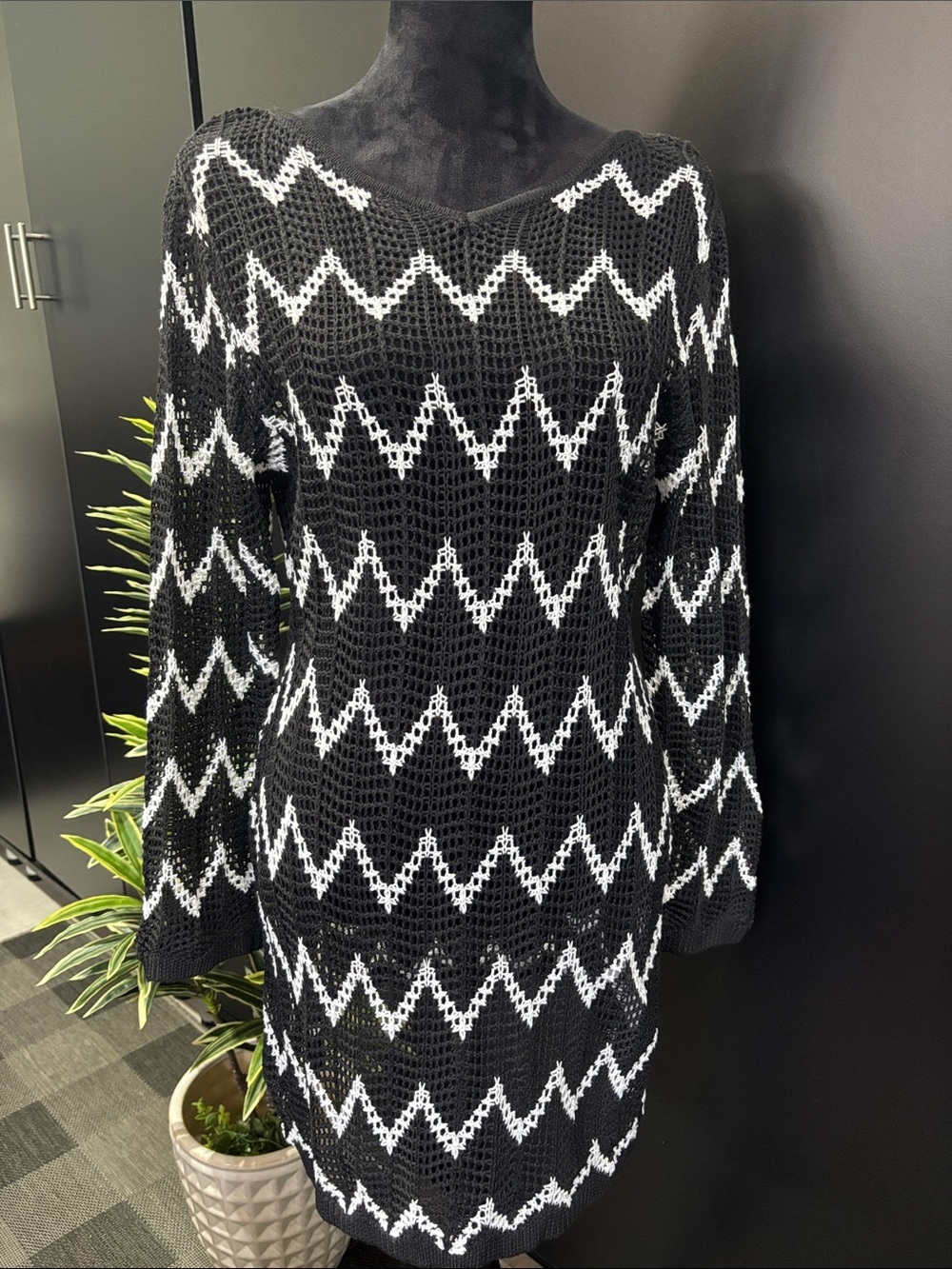 Salty Lemon Crocheted knit chevron-patterned V-neck,long sleeve cover-up, airy
